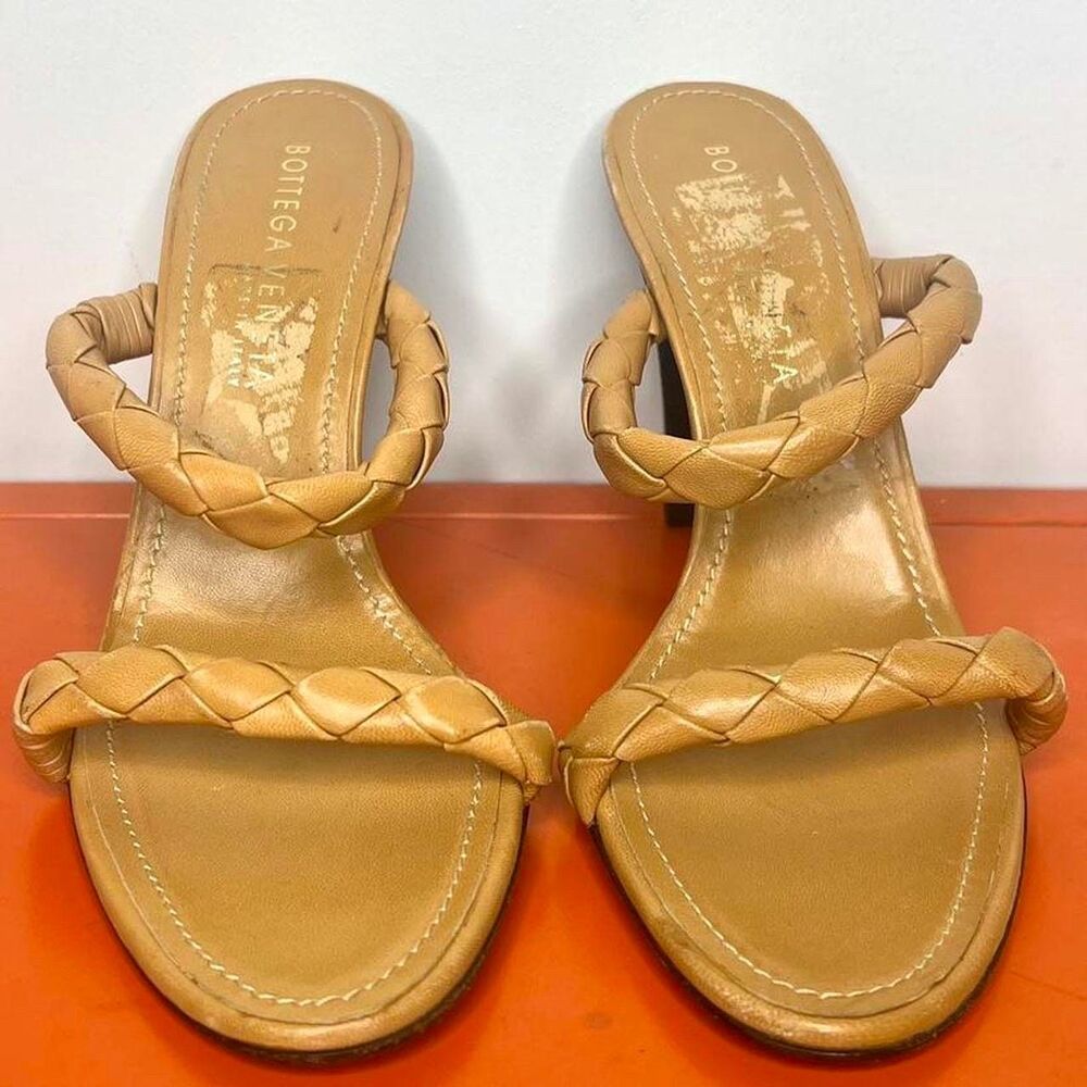 Y2K BOTTEGA VENETA nude tan thick braided strappy slip on heels size 38
